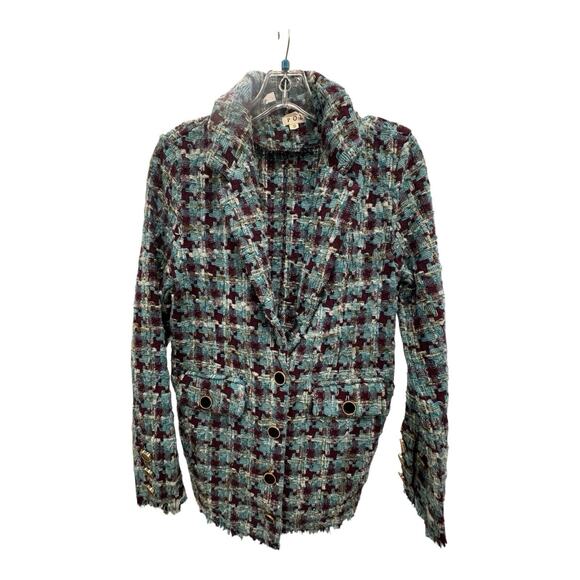 POL Tweed Jacket Womens S Blue Brown Raw Edge Sequin Business Casual Boho Artsy - Picture 1 of 5
